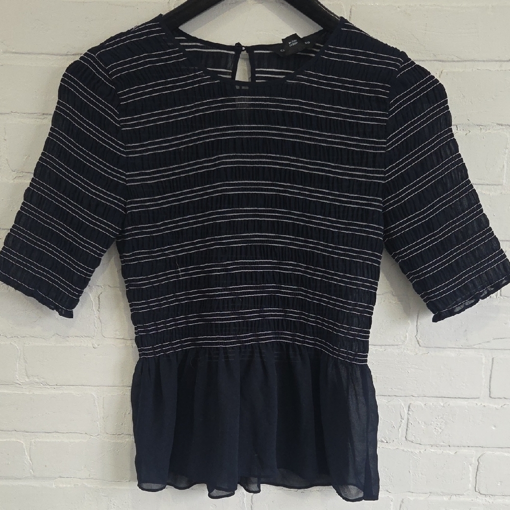 Club Monaco Navy Striped Peplum Blouse